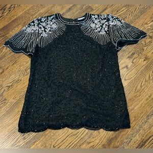 Vintage Laurence Kazar Beaded Sequin Top S Black Silk Scalloped Old Money Fancy